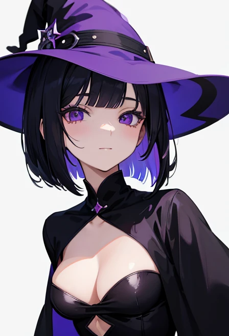Witch's outfit, Anime-style portrait of a girl with a deep violet bob cut making eye contact with the camera, bright eyes, baby-faced, subtle smile, minimalistic background to emphasize character, high contrast, clean lines, digital painting, vivid colors