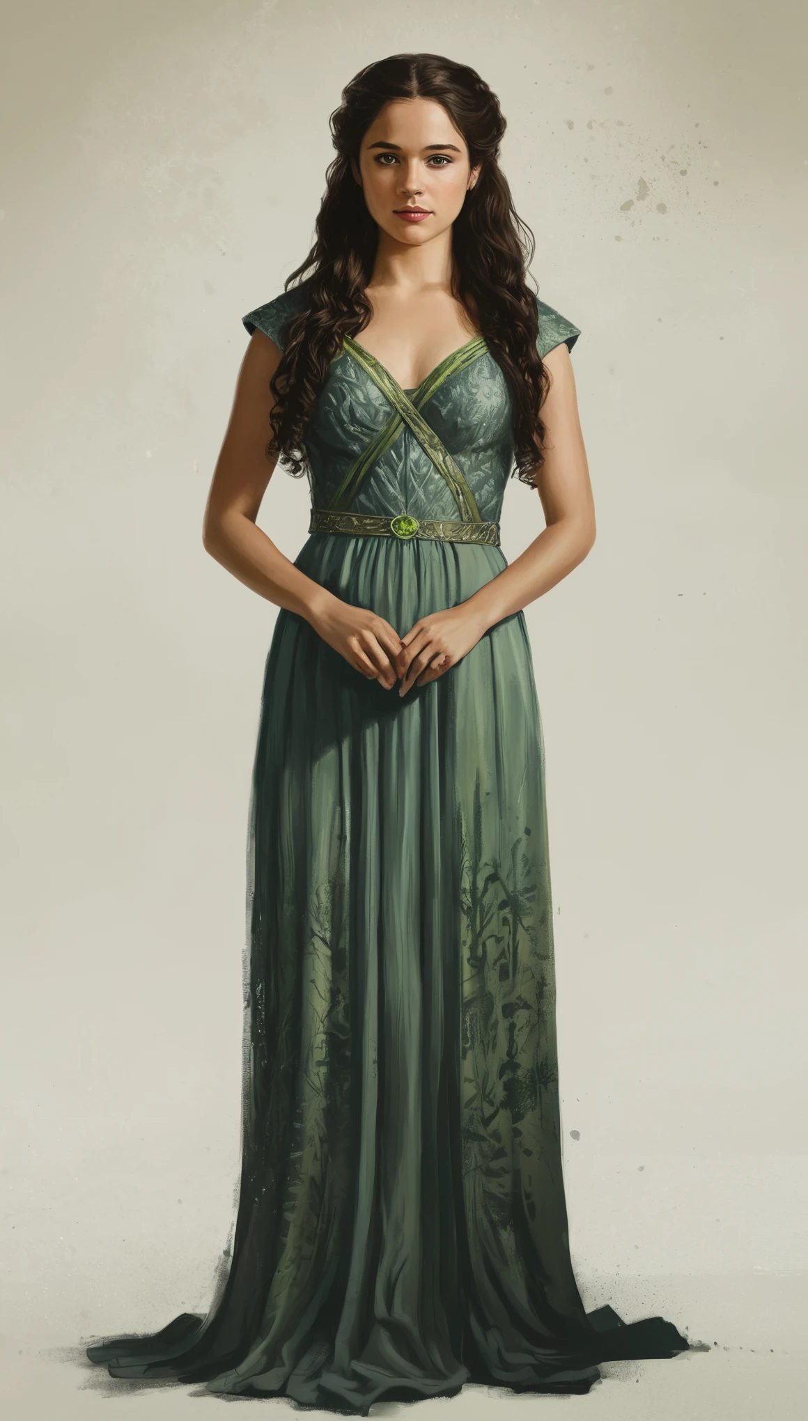 An illustrated movie poster, hand-drawn, full color, a Westerosi teenage girl, wearing a regal dress, r sun-tanned complexion, peridot eye color, dark hair, long loose curls, waist-length hair, posing on a pedestal, hard shadows, graphite shading, stencil marks, airbrushed acrylic paint, masterpiece, in the style of Game of Thrones