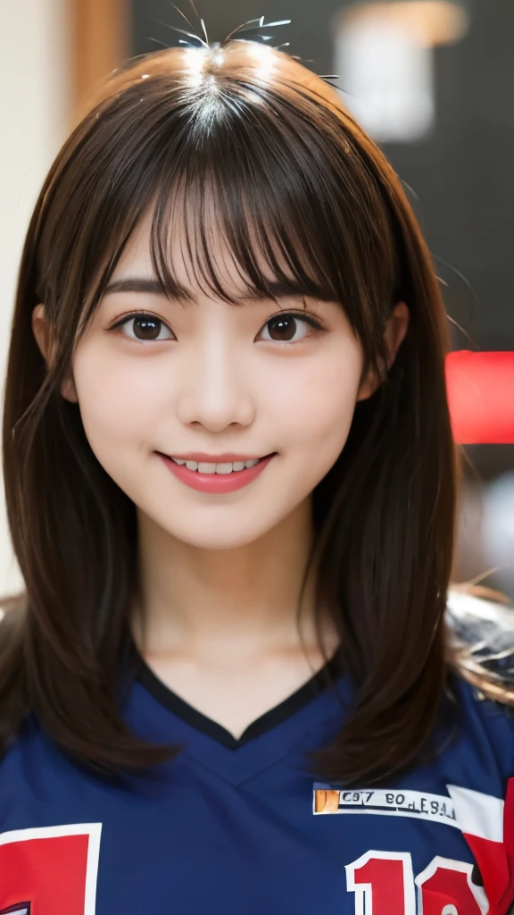 It captures a beautiful 24-year-old Japanese woman with the figure of a member of Japanese idol groups Keyakizaka46 and Nogizaka46.。She pretends to be a volleyball player.。Smiling、I'Increase the wide angle a little and strike a pose.。Her natural charm and bright smile、It'Overflowing from the photo。Her pose and charming smile、It fascinates the viewer。The background is、Hell is spreading