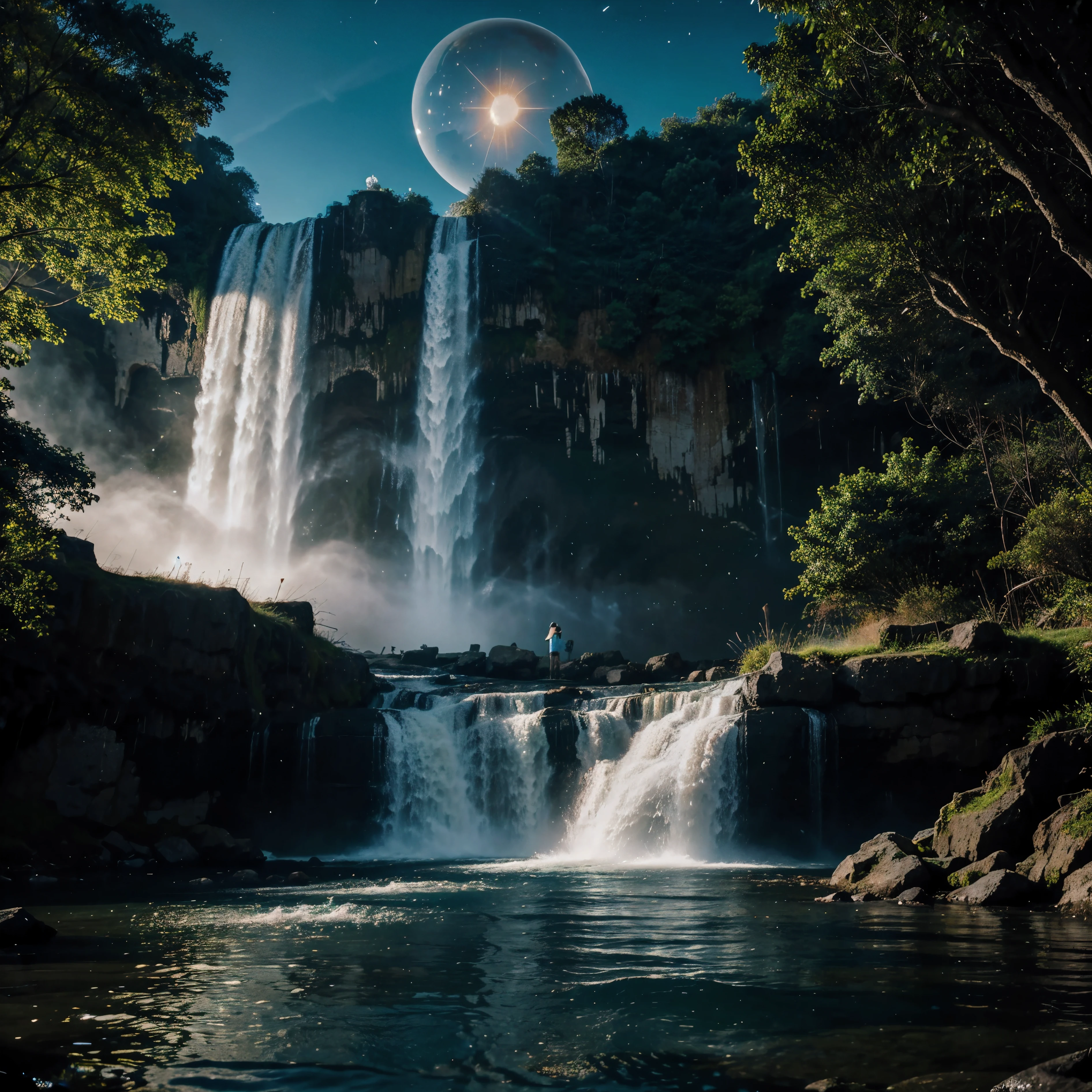 A huge waterfall with a glowing glass orb hovering above the water