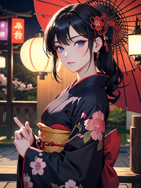 Oiran Dochu、woman1name、strong will。strong gaze、adult sex appeal、dark atmosphere。 black hair、beautiful, blue eyes, ,night light ((8K, Hmm, surreal))、she is wearing a proper yukata。glare、spring。Cherry-blossom viewing。Make your kimono navy