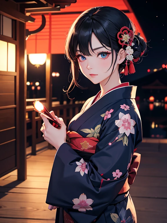 Oiran Dochu、woman1name、strong will。strong gaze、adult sex appeal、dark atmosphere。 black hair、beautiful, blue eyes, ,night light ((8K, Hmm, surreal))、she is wearing a proper yukata。glare、spring。Cherry-blossom viewing。Make your kimono navy