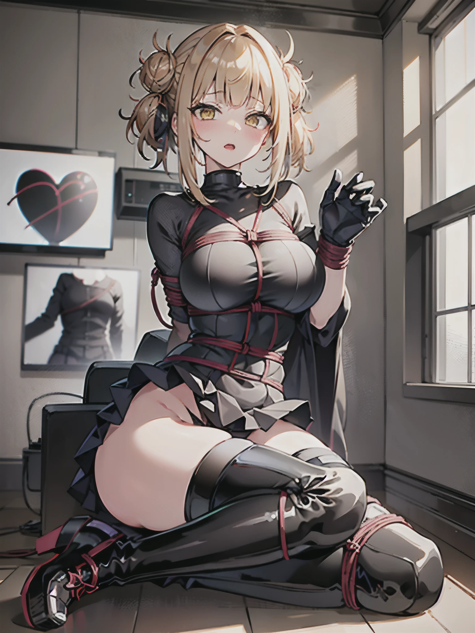 1 girl, big breasts, Thighhighs,alone, thigh boots, black skirt, black footwear, (((masterpiece,High resolution,highest quality))), alone, blonde hair, behind, looking at the viewer, open your mouth, alone, blush, Wet clothes, heart, Raise the hand, Wet, huge breasts, short hair, transformation, white panties, himiko toga, bondage, shibari, restraint, bondage ropes, rope, tied up, restraintされた体