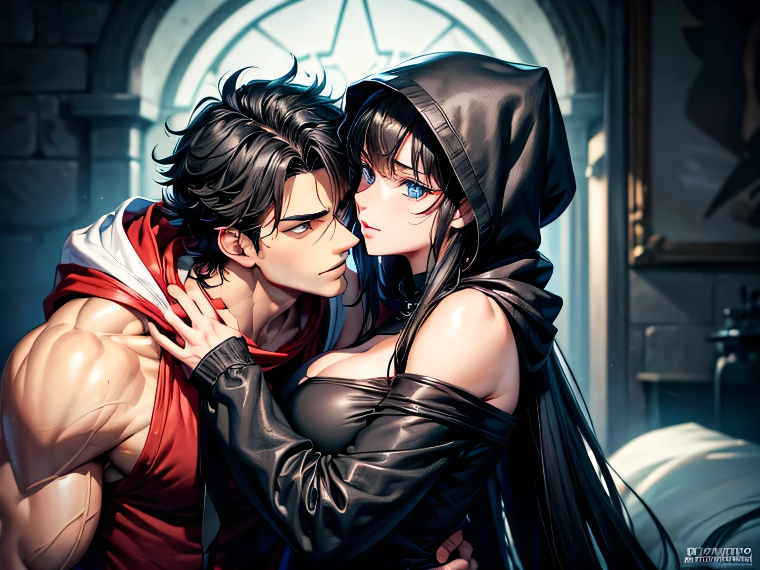 A tall, 190cm muscularly lean 19 year old man with messy curly black hair, a sharp jawline, sharp eyes, red left eye, green right eye, wearing a white cloak and black T-shirt, carrying a short, 150cm muscularly lean and slim 19-year old girl with really long silky black hair, big blue eyes, plump cheeks, a sharp jawline, big breasts and muscular forearms and calves, wearing a black hoodie. Holding eachother, in a war. Couple. Kissing. Smiling and blushing. Nio Eko and Azeru Eko. Sexy and lewd. NSFW. Sex. Doggystyle