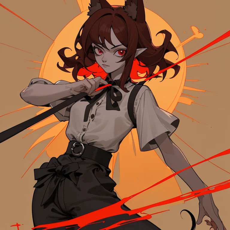 obra maestra, intrincado, estilo animado, cuerpo completo, 1 chica, orejas de lobo, dark brown inner ears, red inner ear hair, 1 cola, Cola esponjosa, cola de lobo, light brown tail, ojos bonitos, ojos detallados, ojos rojos y naranjas borrosos, cabello largo, pelo interior rojo, By the chestnut, pelo muy rizado, tiras de pelo rojo, camisa negra corta descubierta en los hombros y con malla negra con ribetes negros hasta el cuello, camisa polo, falda corta negra con cuadros rojo oscuro, black belt around the waist, mirando al espectador, cara detallada, Mejor calidad, 4k,high resolution, arte profesional, dibujo profesional, Lineart profesional, marcadores delineados