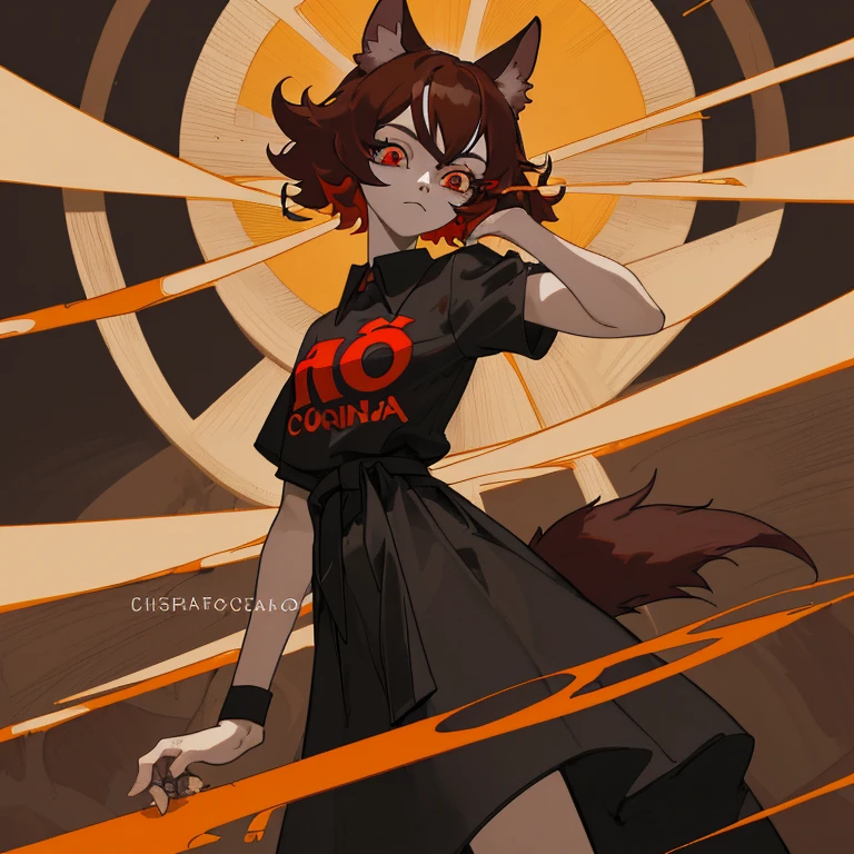 obra maestra, intrincado, estilo animado, cuerpo completo, 1 chica, orejas de lobo, dark brown inner ears, red inner ear hair, 1 cola, Cola esponjosa, cola de lobo, light brown tail, ojos bonitos, ojos detallados, ojos rojos y naranjas borrosos, cabello largo, pelo interior rojo, By the chestnut, pelo muy rizado, tiras de pelo rojo, camisa negra corta descubierta en los hombros y con malla negra con ribetes negros hasta el cuello, camisa polo, falda corta negra con cuadros rojo oscuro, black belt around the waist, mirando al espectador, cara detallada, Mejor calidad, 4k,high resolution, arte profesional, dibujo profesional, Lineart profesional, marcadores delineados