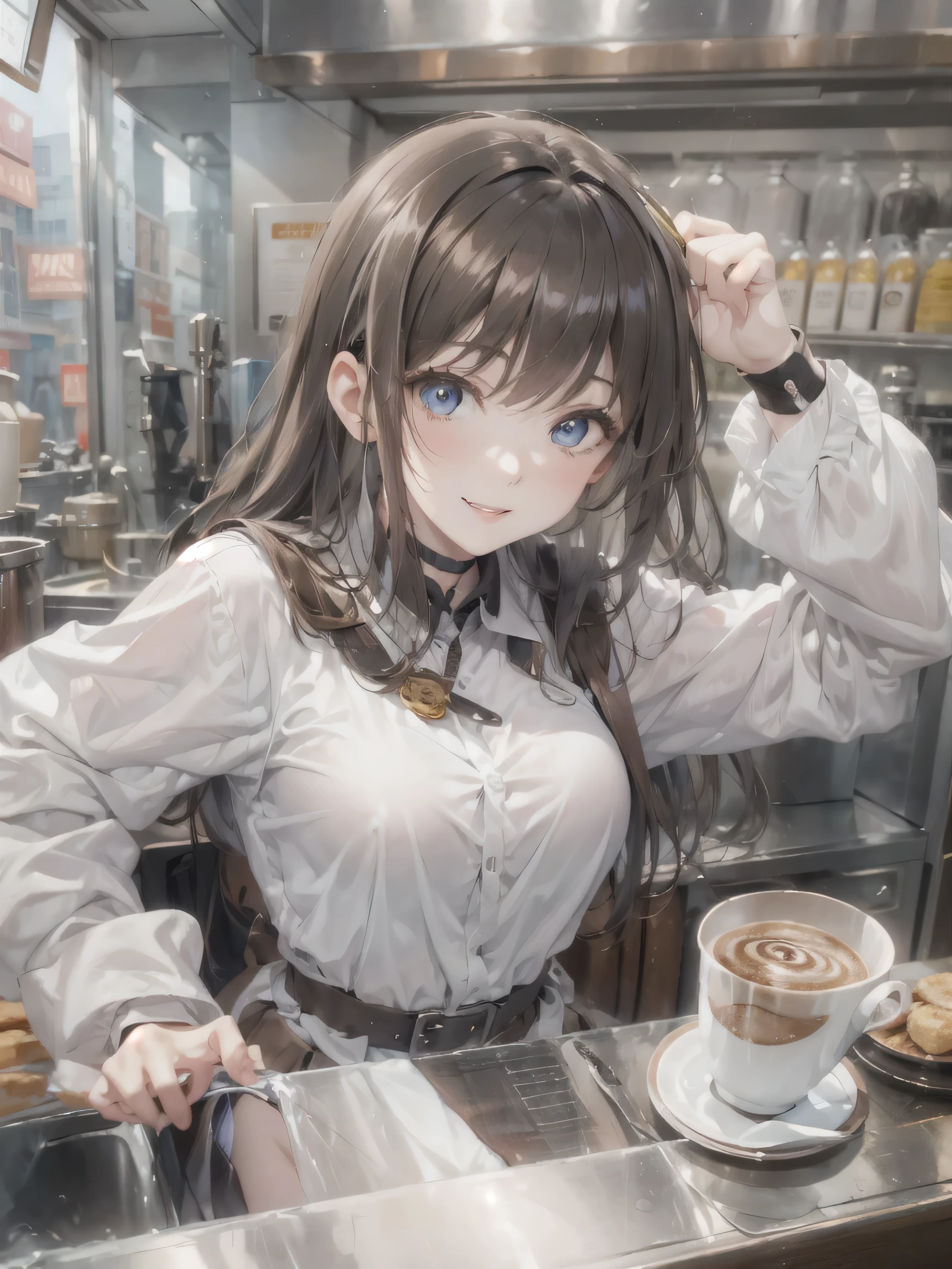 (photorealistic:1.8, highest quality:1.8,8K masterpiece:1.8,High resolution,muste piece:1.8,RAW Photos,cinematic lighting),No split screen、morning、Good Morning、The coffee shop of the future、
(A girl brewing delicious coffee:1.5)、choker、white shirt、uniform、mini skirt、beautiful breasts、beautiful thighs、plump nipples、(Nipples visible through clothing)、Morning Hina Mikuru、
(Beautiful, shiny, pale, gray, black, brown hair:1.5)、looking at the camera、smile、shining blue eyes