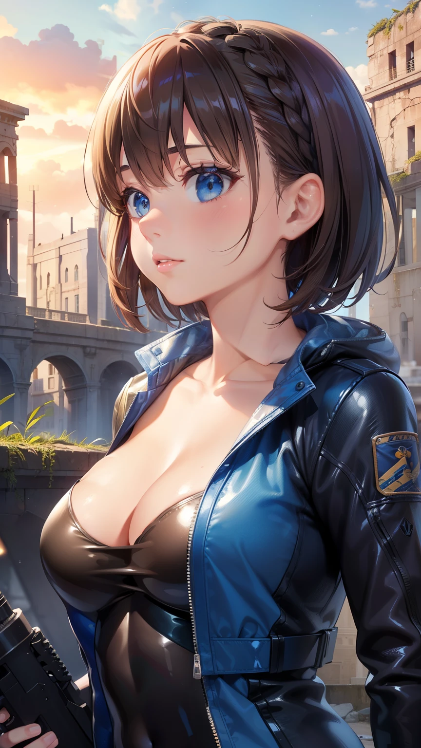 1girl, natural lighting, masterpiece, highly detailed, illustration, game CG, absurdres, high quality, aichan, large breasts, blue eyes, beautiful detailed eyes, short brown hair, side braid, glossy lips, lips parted, (ruins), natural lighting, sci-fi gun, rifle, catsuit, jacket, collarbone, (looking away from viewer)