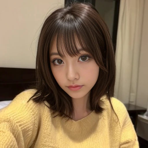 ((japanese woman))、(low quality:1.2)、(28 years old:1.6)、brown hair、((black eyes))、Selfie style:1.5、The location is a bed in a new Western-style room.、Very delicate lighting、(camisole:1.8)、((below average face))、(Low quality:1.5)、realistic vape、(Poor image quality:1.5)、dry skin、The lowest masterpiece、short hair、black hair、shyness、big breasts