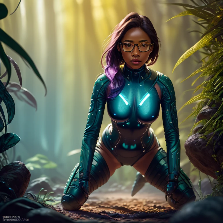 Dark background, Full body, A daring female explorer, brown hair, blue skin, naked breasts, traversing the depths of a vibrant, crawling, all fours, night alien jungle teeming with fascinating creatures, bioluminescent, plants glowing blue and purple, specs of blue dots on plants, sunset, orange rim light, Green eyes, detailed futuristic exploration unbuttoned suit, naked breasts, subsurface scattering, (colourful plants colors:1.21), nigh time glow
(sharp:0.7), amazing fine detail, Nikon D850 film stock photograph Kodak Portra 400 camera f1.6 lens, rich colors, lifelike,