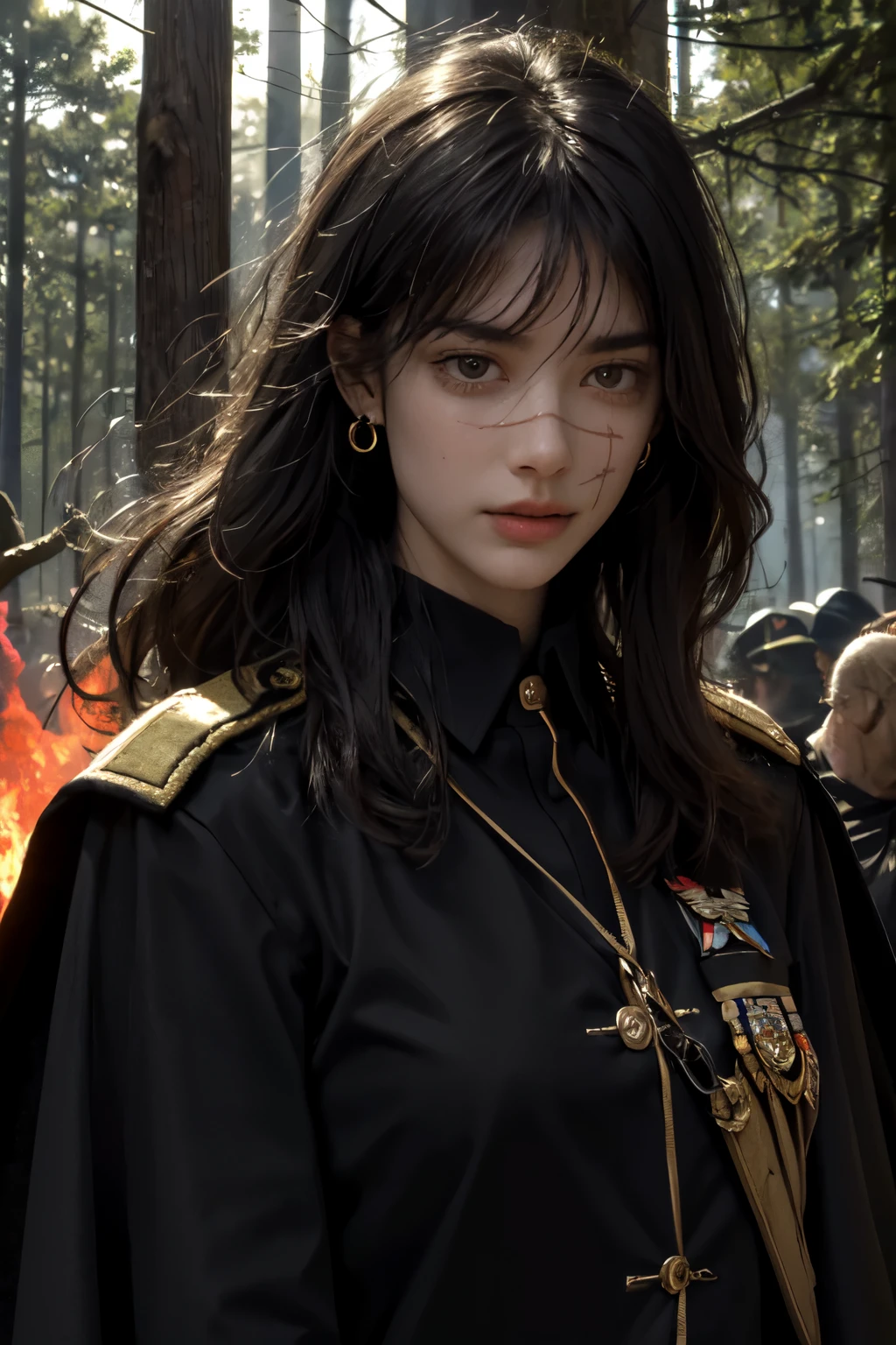 realistic, masterpiece, best quality, close-up, lips , upper body, no makeup, mature female, cowboy shot, black hair, military uniform, black military jacket, black cape , , badge, military jacket, valor , golden badge , military badge, depth of field, long hair, mole under eye, black gloves, earrings, gloves, crowded place , crowd, evening, branch, dead tree, fireflies, sparkle, fire_sparkle , fire , , holding fire , scar_on_eye , military badge , medals , blood , bleeding , on fire forest , burning trees , military valor , burning background , crowded place , , big fire , red eyes , shining eyes , glowing eyes , sleepy eyes