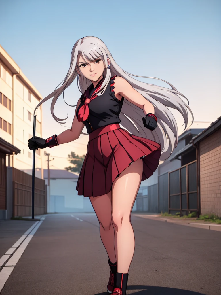 cartoon, sukeban illyasviel_von_einzbern, mature_female, silver hair, holding yoyo, combat pose, full body, flowing hair, hair between the eyes, asymmetrical hair, red eyes, delicate facial features, sukeban deka clothe, looking_at_viewer, outdoors, background tokyo, ((solo girl:1,5))+++++,woman in a 80's sukeban seifuku standing on a set of strees, black , 80's japanese sukeban photo, sukeban seifuku, 80's japan, sukeban, long black skirt, red converse, full body, light skin tone female, full body, tape, arm_support, gloves, red_gloves, bridal gauntlets, blackred_footwear, fighter outfit, full body, hourglass, mature face, cheeky smile, cheeky face, wrinkles,( silver long hair, earrings, ear piercings), (fighting art, Martial arts, standing, fighting_stance, fight, fighting), extra colors, 2D, megapixel, perfectionism, accent lighting, full HD , 4K, masterpiece, empty red eyes, extra colors, 2D, megapixel, perfectionism, accent lighting, full HD , (Masterpiece:1.2), (full-body-shot:1),(cowboy shot:1.2), (Highly detailed:1.2),(anime Detailed Face:1.2), Colorful, A detailed eye, (Detailed landscape:1.2), (natural lighting:1.2), ((sukeban school teacher)) by Vincent Di Fate: Aidyllery, Anamorphic Shot, rule of thirds, face by Artgerm and WLOP, ((street of rage 4 city backround)), fictive city backround in the style art of street of rage 4,