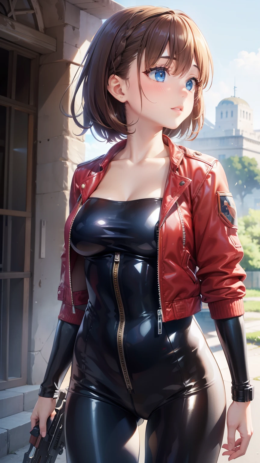 1girl, natural lighting, masterpiece, highly detailed, illustration, game CG, absurdres, high quality, aichan, large breasts, blue eyes, beautiful detailed eyes, short brown hair, side braid, glossy lips, lips parted, (ruins), natural lighting, sci-fi gun, rifle, jumpsuit, catsuit, jacket, collarbone, (looking away from viewer)