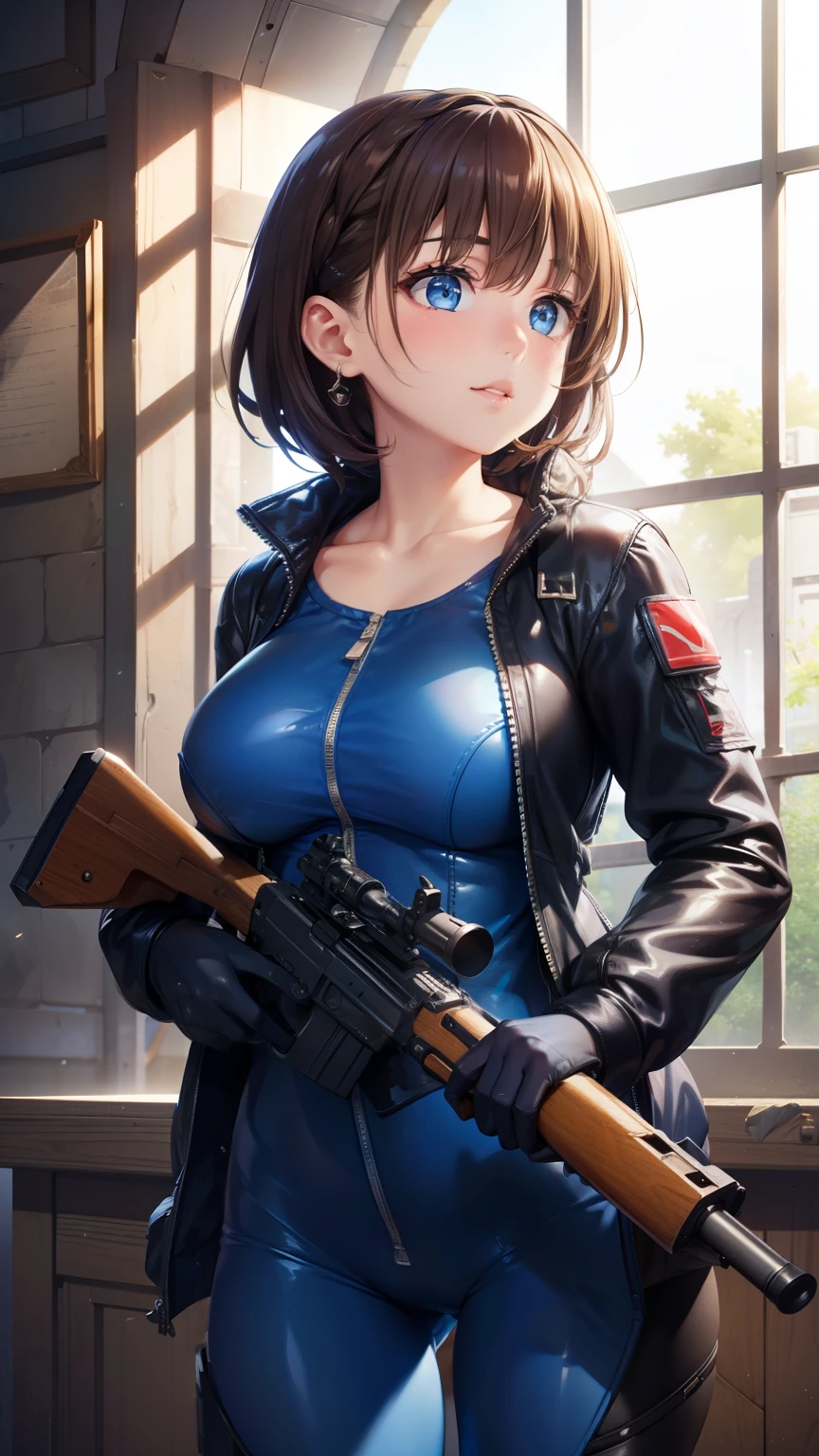 1girl, natural lighting, masterpiece, highly detailed, illustration, game CG, absurdres, high quality, aichan, large breasts, blue eyes, beautiful detailed eyes, short brown hair, side braid, glossy lips, lips parted, (ruins), natural lighting, sci-fi gun, rifle, jumpsuit, catsuit, jacket, collarbone, (looking away from viewer)