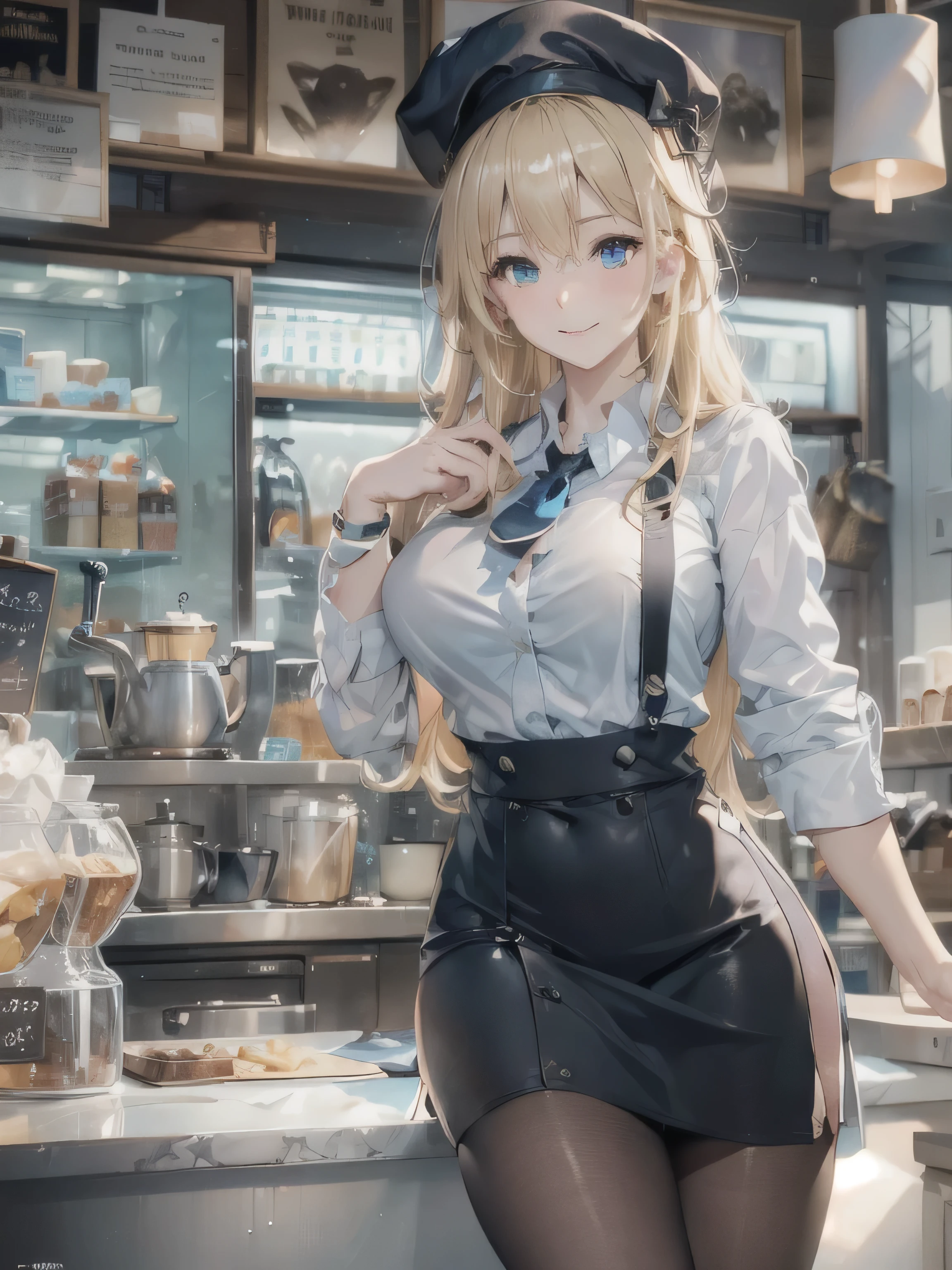 (photorealistic:1.8, highest quality:1.8,8K masterpiece:1.8,High resolution,muste piece:1.8,RAW Photos,cinematic lighting),No split screen、morning、Good Morning、The coffee shop of the future、
（A female clerk brewing delicious coffee:1.5)、choker、white shirt、uniform、mini skirt、knee high tights、beautiful breasts、beautiful thighs、plump nipples、(wide open chest)、
(Beautiful shiny blue white black brown blonde hair:1.5)、looking at the camera、smile、shining blue eyes
