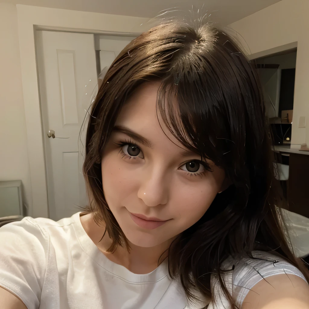 Japanese、Beauty、24-years-old、Completely naked、Open-front linen shirt、panties、(Wink:1.2)、round face、plump body、bedroom、With bangs、straight hair、bright hair color、Pointed mouth、Selfie with both hands、selfie、Moist eyes、gentle expression、