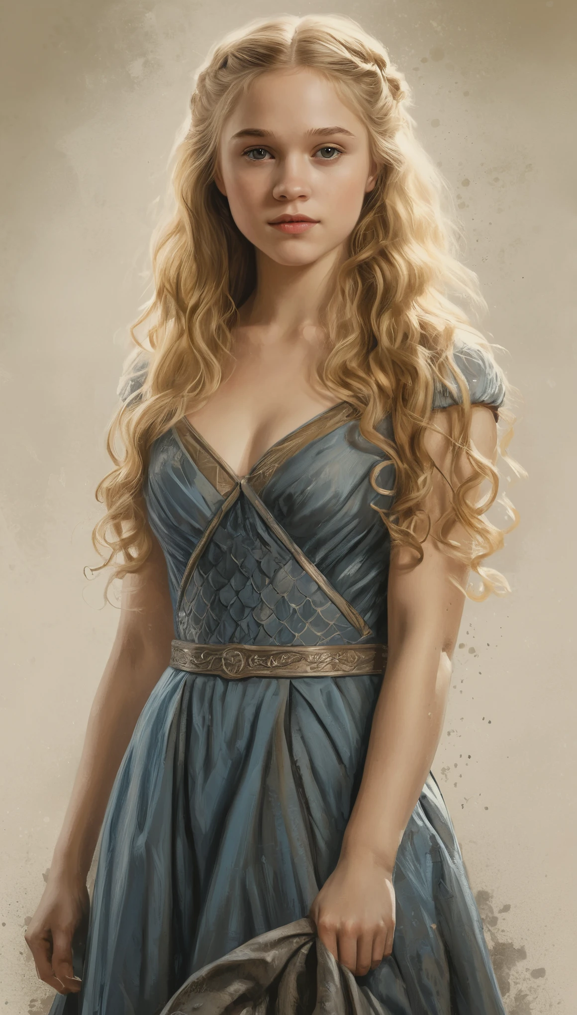 An illustrated movie poster, hand-drawn, full color, a Westerosi age girl, wearing a regal dress, light flushed complexion, honey blonde hair, long loose curls, waist-length hair, posing on a pedestal, hard shadows, graphite shading, stencil marks, airbrushed acrylic paint, masterpiece, in the style of Game of Thrones
