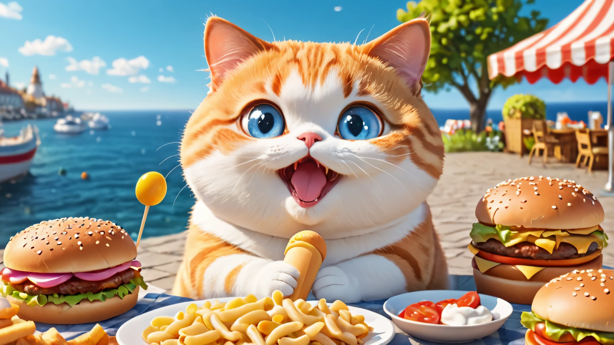 Chubby cat, eat a lot of ice cream, eating lots of burgers, eating lots of pasta, eating lots of hot dog, coast, smile and cute, cute big eyes, master piece, high resolution 4k, 3d artwotk