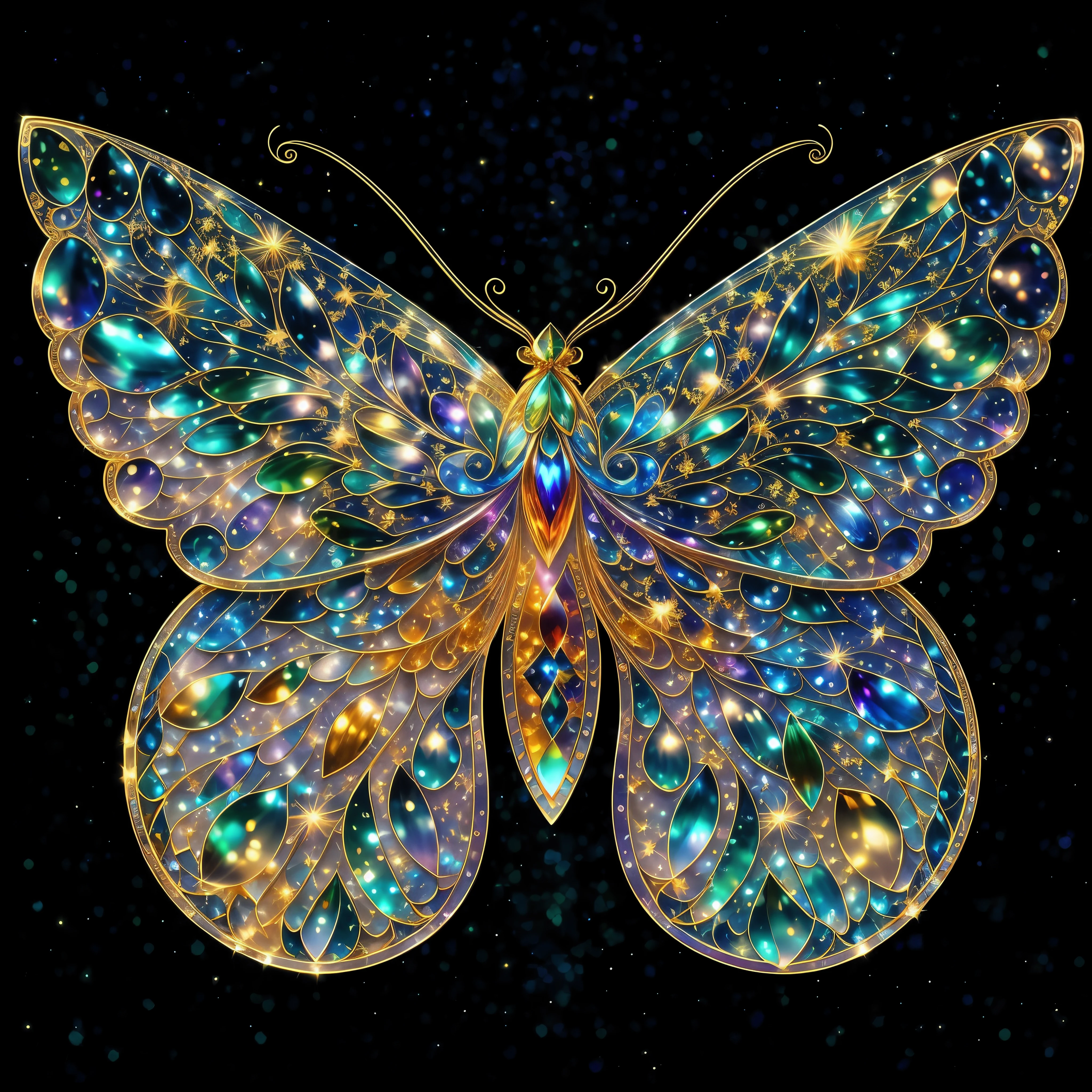 Iridescent colors, flying insects, scales, wings, blue, textured, complex, gorgeous, shadows, pastel colors, highly detailed, decorative style, Tim Burton, Dale Chihuli, Xiaolongcheng, Cyril Rolando, author hour gigue, bright gold, rainbow gold leaf, gold dust, sparkle, diamond, crystal, rainbow, gold dust, gold leaf, bright gold, universe, milky way, starry sky