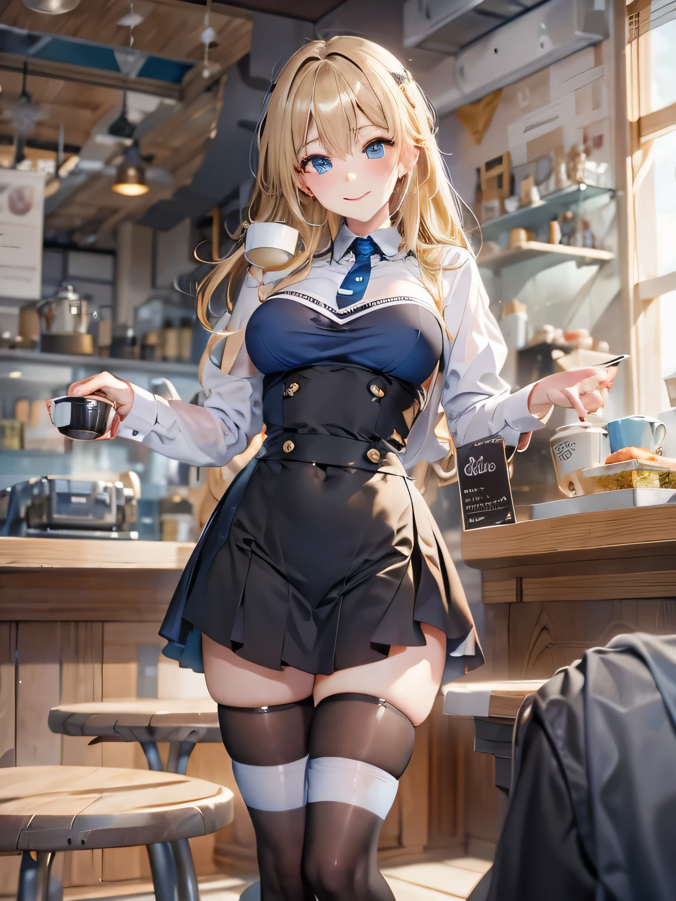 (Photorealistic:1.8, highest quality:1.8,8K masterpiece:1.8,High resolution,Mastepiece:1.8,RAW Photos,Cinematic lighting),No split screen、morning、Classic coffee shop、
(A 23-year-old female clerk brewing coffee:1.5)、(choker、uniform、mini skirt、Knee-high tights、Beautiful breasts、Beautiful thighs、Plump nipples、Beautiful chest)、 (Soryu Asuka Langley)、
(Beautiful shiny blue white black brown blonde hair:1.5)、Sparkling Blue Eyes、Fine Lines、Smiling happily