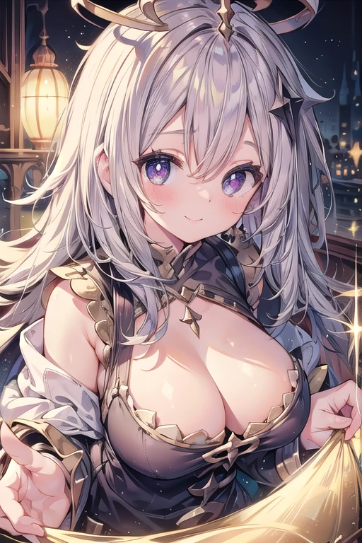 one-girl,the original god,Paimon,Large breasts,cleavage,Be red in the face,Close-up shot,sportrait,looks into camera,ssmile,