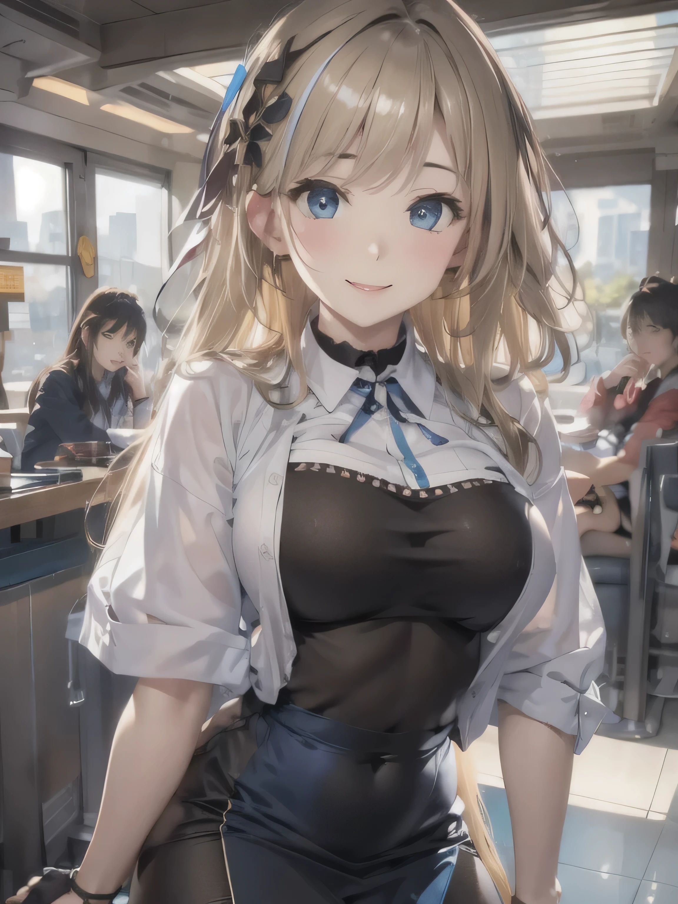 (photorealistic:1.8, highest quality:1.8,8K masterpiece:1.8,High resolution,muste piece:1.8,RAW Photos,cinematic lighting),No split screen、morning、Good Morning、The coffee shop of the future、
(A female sales clerk carrying coffee:1.5)、(choker、white shirt、uniform、mini skirt、knee high tights、beautiful breasts、beautiful thighs、plump nipples、beautiful chest)、
(Beautiful shiny blue white black brown blonde hair:1.5)、looking at the camera、smile、shining blue eyes