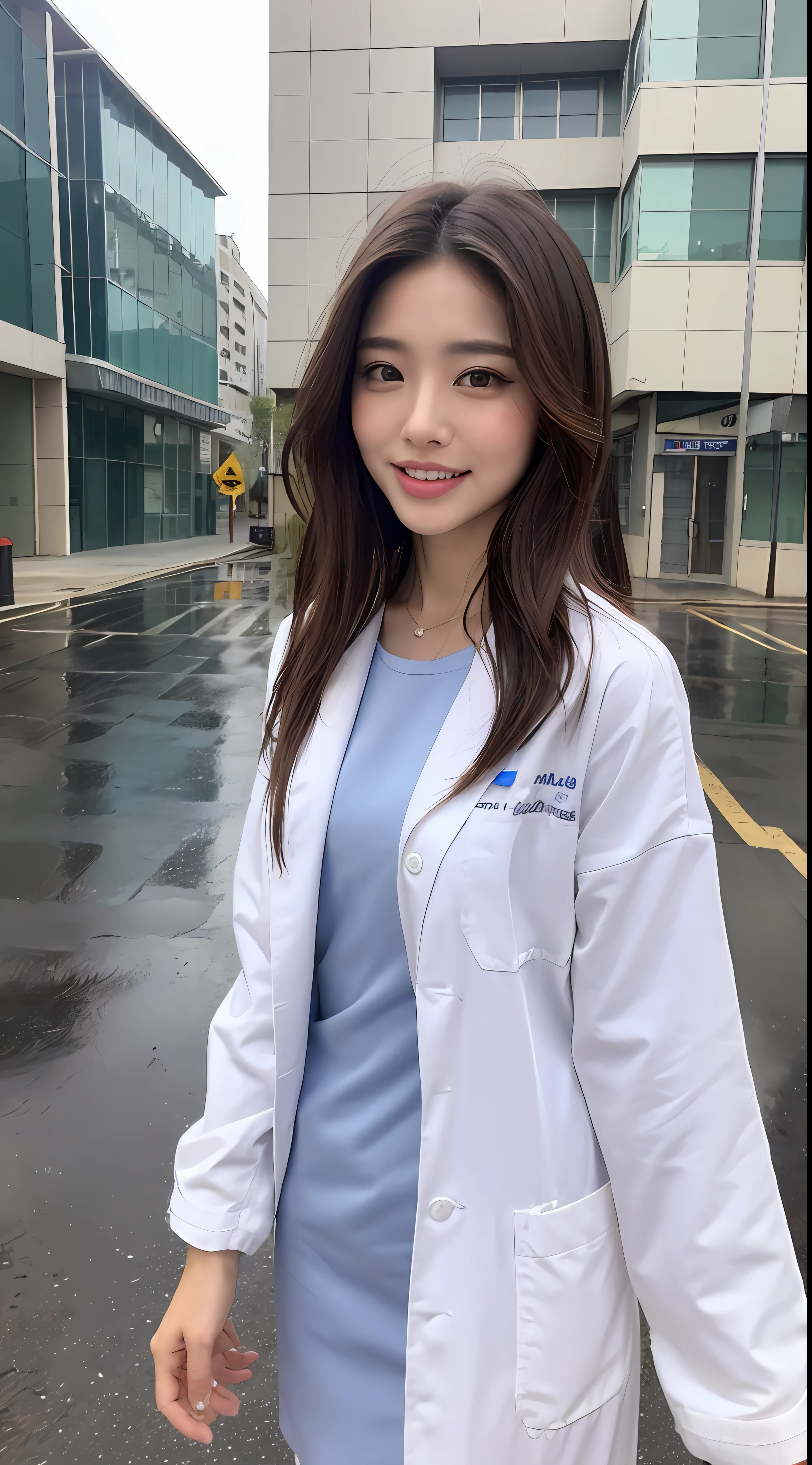 ((maximum quality、obra-prima:1.3))、Afiado:1.2、((Estilo de cabelo em camadas))、(Dr.. White dishes:1.1)、(chuva、Rua:1.2)、molhado:1.5、Textura facial e da pele altamente detalhada、Um olho detalhado、Double eyelid、Aspect of looking at the camera、The backdrop is a dental clinic、dentist、Dentista no hospital、Use jaleco de dentista、Fique dentro de casa、lesbian full body