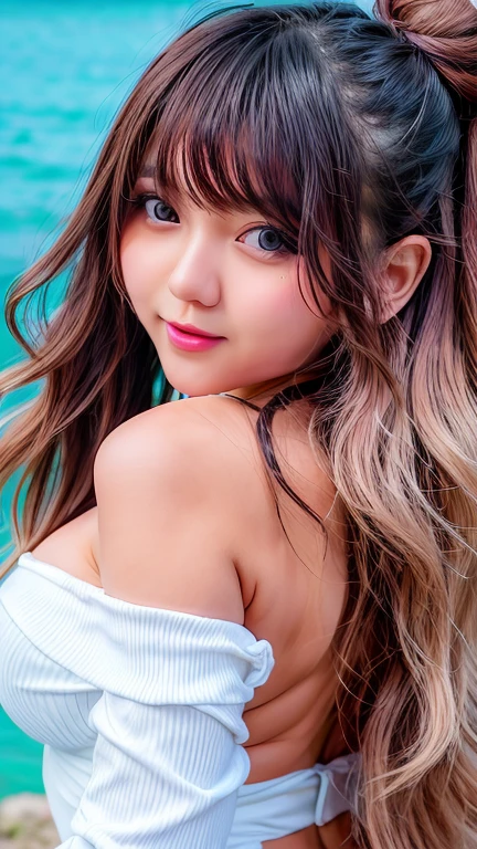 Canon RF85mm f/1.2,masterpiece,best quality,ultra highres,vc,1 girl,(korean mixed,kpop idol:1.2),solo,white_shiny_skin,black eyes,necklace,((brown_long_wavy_hair)),((pink_shiny_lips)),eyelashes,bangs,aface,make-up,shiny,Pore,skin texture,bracelet,offshoulder,see-through,big breasts, full body