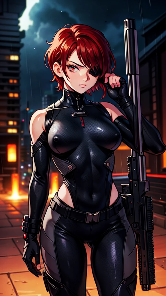 (masterpiece), best quality, expressive eymasterpiece, high-detail, sketch, dino crisis, [solo female], (aim pose, fight with raptor, holding mp5, holding weapons), black bodysuit, gray fabric layer under bodysuit, 30 year, bare shoulders, tactical fingerless glove, best quality, masterpiece, best quality, finely detail, beautiful detailed eyes, ultra detailed, extremely beautiful CG, super detailed skin, best quality, intricate, {{high quality}}, extra colors, 2D, megapixel, perfectionism, accent lighting, full HD, 4K, sukeban, sukeban deka, delinquent,) (1girl, full body, 1girl, solo female, mature female, full body, contrapposto, big boss metal gear, the boss metal gear, Escape from New York, akira, blade runner, die hard, metal gear solid v, snake plissken, rex power colt, Far Cry 3 Blood Dragon,) ( collarbone, red hair, red eyes, short hair, weird red hair, short red hair, evil smile, small_breasts, best quality, beautifully detailed face, ray tracing, DOF,HDR, smoking) (fingerless_gloves,  fully clothed, gloves, cigarette, jacket, eyepatch on one eyes, eyepatch on the left eyes, tactical gear, tactical uniform, camouflage bodysuit, sneaking_suit) gainax anime style, studio gainax art, studio gainax illustration,inspired by Masamune Shirow, studio gainax, by Masamune Shirow, beautiful charcter from evangelion (outdoors, (night:1.1), military base background, radio tower background, science fiction background, futuristque background , outdoor, akira city sky line background, official art, raining, rain, storm, science fiction military base background), perfect face, 