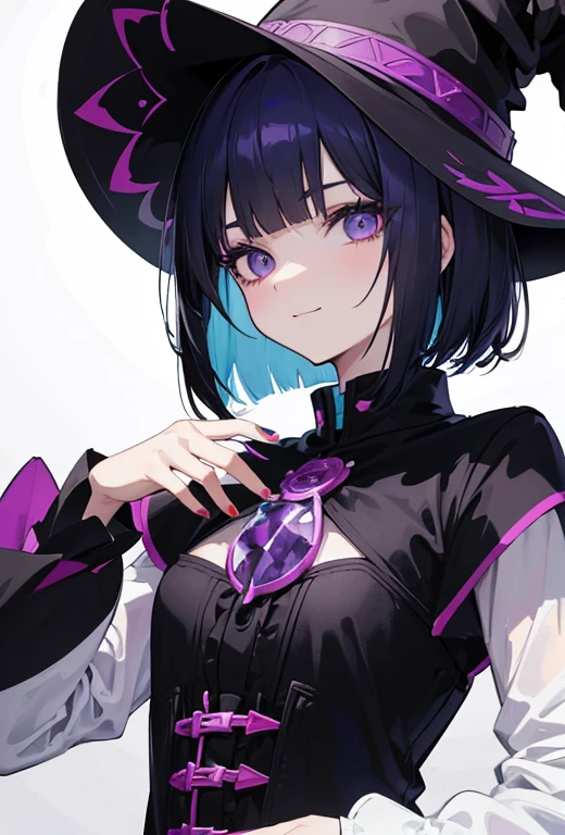 high contrast, vivid colors, Witch's outfit, Anime-style portrait of a girl with a deep violet bob cut making eye contact with the camera, bright eyes, baby-faced, subtle smile, minimalistic background to emphasize character, clean lines, digital painting
