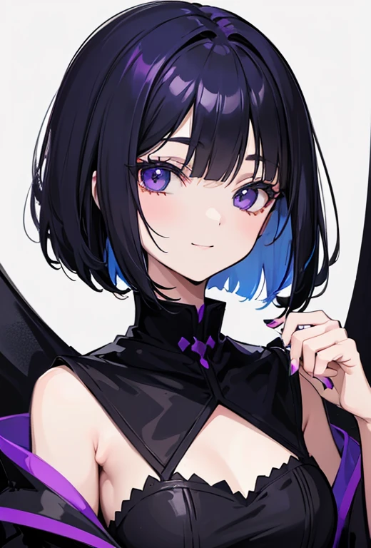 high contrast, vivid colors, Witch's outfit, Anime-style portrait of a girl with a deep violet bob cut making eye contact with the camera, bright eyes, baby-faced, subtle smile, minimalistic background to emphasize character, clean lines, digital painting
