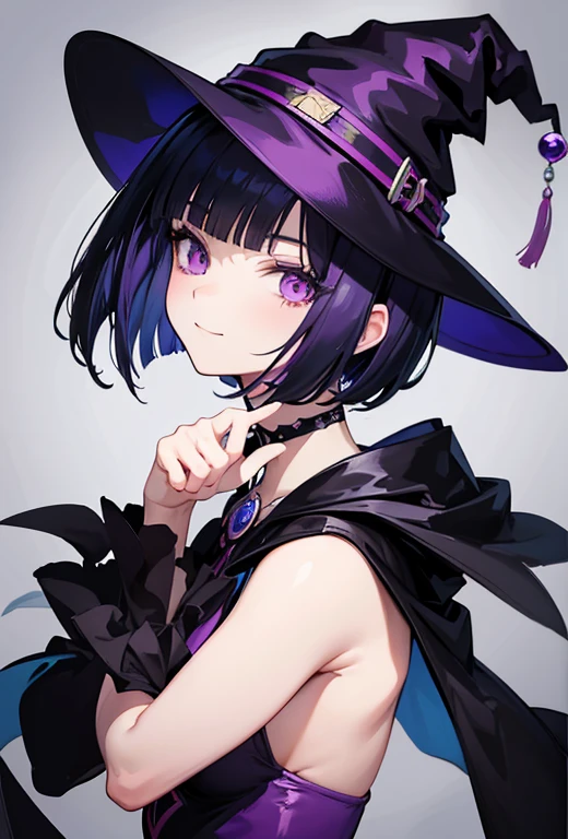 high contrast, vivid colors, Witch's outfit, Anime-style portrait of a girl with a deep violet bob cut making eye contact with the camera, bright eyes, baby-faced, subtle smile, minimalistic background to emphasize character, clean lines, digital painting