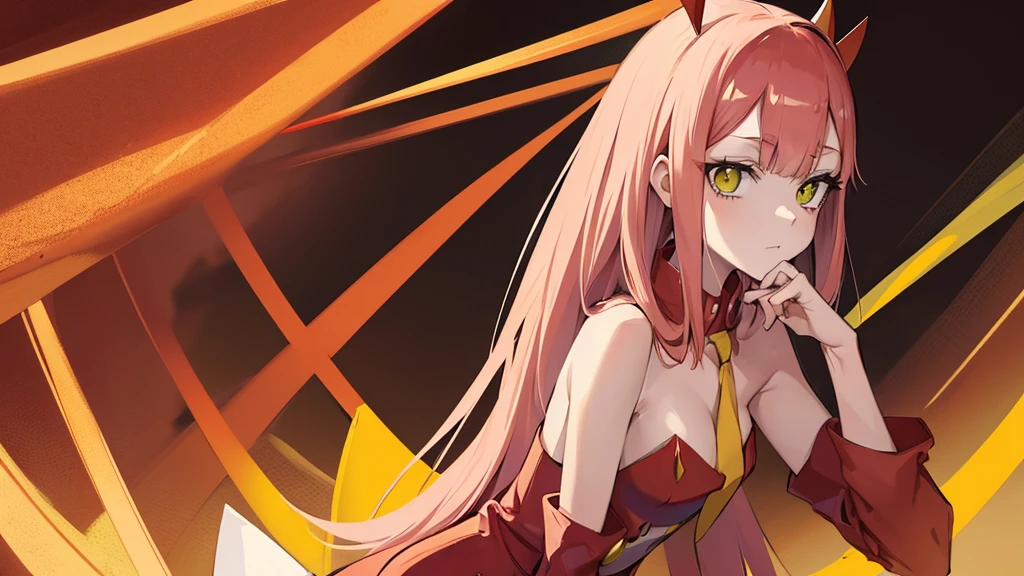 zero two \(darling in the franxx\), darling in the franxx, 1 girl, bangs, biting, shadow, long hair, small breasts, big thighs, invent, Red dress with details, yellow tie, belt, pantyhose, green eyes, pair of small red horns, pink hair, red eyes shadow, tight skin, alone 