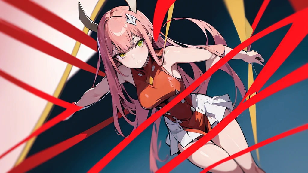 Zero_Two, green eyes, pink hair, horns, straight hair, medium breasts, shiny hair, makeup, eyeshadow, very long hair, blunt bangs, white hairband, double-breasted, outdoors, warzone, frontlines, military battle, world war 3, explosions in background, destroyed city, destroyed buildings, debris, dust smoke, daytime, dark clouds, action pose, fighting stance, battle pose, focus, rage, blood on face, NSFW, Nude, naked, exposed breasts, exposed vagina,