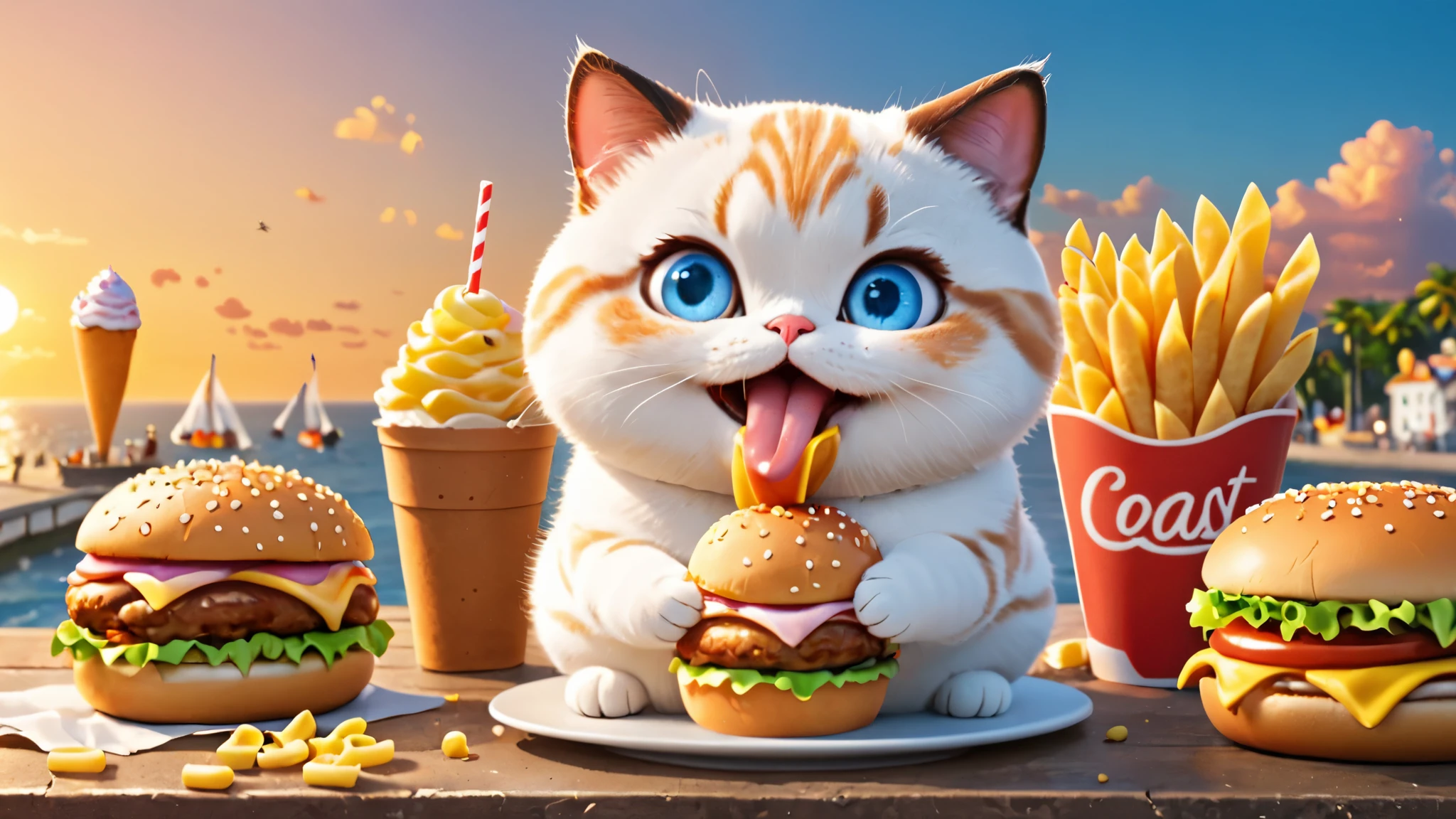 Chubby cat, eat a lot of ice cream, eating lots of burgers, eating lots of pasta, eating lots of hot dog, coast, smile and cute, cute big eyes, master piece, high resolution 4k, 3d artwotk