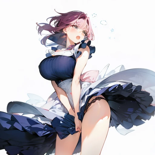 pink underwear、huge breasts、long sleeve clotheaid clothes