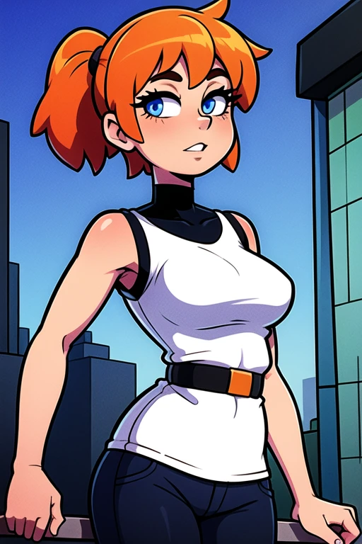 1 girl, 32 year old, Orange hair, Short Orange hair, Medium Hair, pony tail styled hair, Blue eyes, medium breasts, light skin, the city street, Sexy, masterpiece, High quality.
