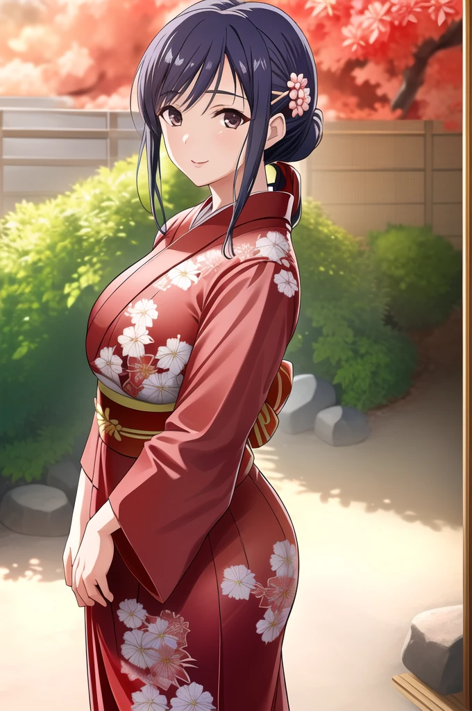 Ayako Hiiragi | Walkure Romanze, masterpiece, best quality, a mature sexy woman in shine red yukata posing in front of bamboo rails, 1girl, solo, japanese clothes, yukata, tied-up hairstyle, floral hair ornament, smile,mature woman, 