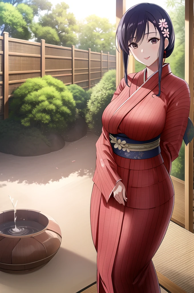 Ayako Hiiragi | Walkure Romanze, masterpiece, best quality, a mature sexy woman in shine red yukata posing in front of bamboo rails, 1girl, solo, japanese clothes, yukata, tied-up hairstyle, floral hair ornament, smile,mature woman, 