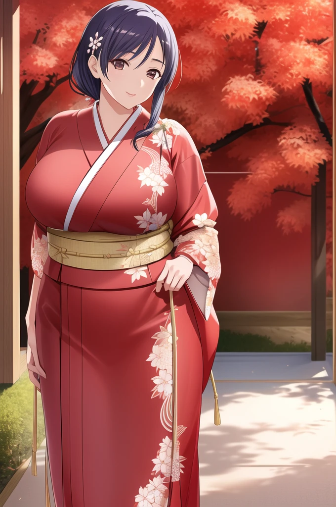 Ayako Hiiragi | Walkure Romanze, masterpiece, best quality, a mature sexy woman in shine red yukata posing in front of bamboo rails, 1girl, solo, japanese clothes, yukata, tied-up hairstyle, floral hair ornament, smile,mature woman, 