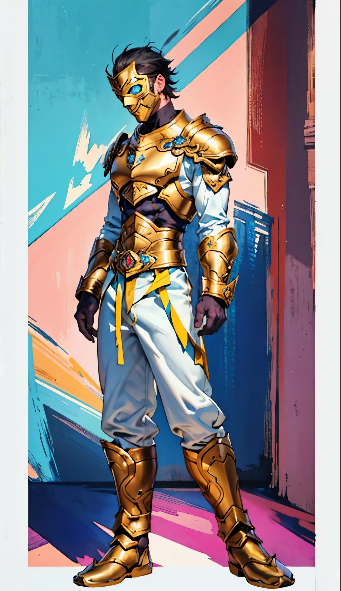 A man with short golden hair slicked back, his face entirely obscured by a Dynastinae concept mask, full mask, cold gaze, clad in an indigo blue fantasy-style Dynastinae concept chest plate, his arms and legs are clad in matching armor, he wears a white undershirt and trousers with golden stripes, standing within a magnificent fantasy-style palace, this character embodies a finely crafted fantasy-style masked light armor warrior in anime style, exquisite and mature manga art style, high definition, best quality, highres, ultra-detailed, ultra-fine painting, extremely delicate, professional, perfect body proportions, golden ratio, anatomically correct, symmetrical face, extremely detailed eyes and face, high quality eyes, creativity, RAW photo, UHD, 32k, Natural light, cinematic lighting, masterpiece-anatomy-perfect, masterpiece:1.5