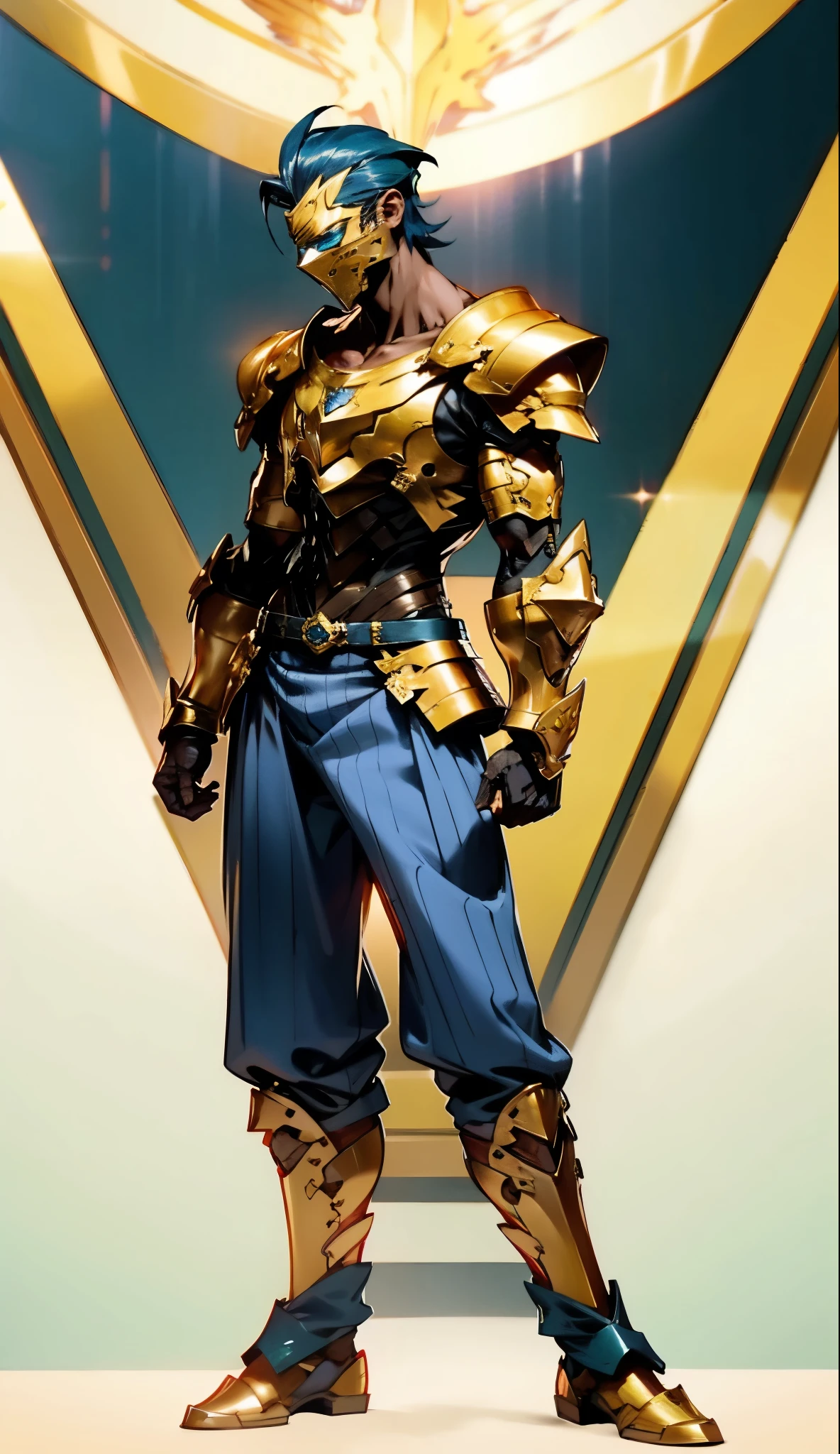 A man with short golden hair slicked back, his face entirely obscured by a Dynastinae concept mask, full mask, cold gaze, clad in an indigo blue fantasy-style Dynastinae concept chest plate, his arms and legs are clad in matching armor, he wears a white undershirt and trousers with golden stripes, standing within a magnificent fantasy-style palace, this character embodies a finely crafted fantasy-style masked light armor warrior in anime style, exquisite and mature manga art style, high definition, best quality, highres, ultra-detailed, ultra-fine painting, extremely delicate, professional, perfect body proportions, golden ratio, anatomically correct, symmetrical face, extremely detailed eyes and face, high quality eyes, creativity, RAW photo, UHD, 32k, Natural light, cinematic lighting, masterpiece-anatomy-perfect, masterpiece:1.5