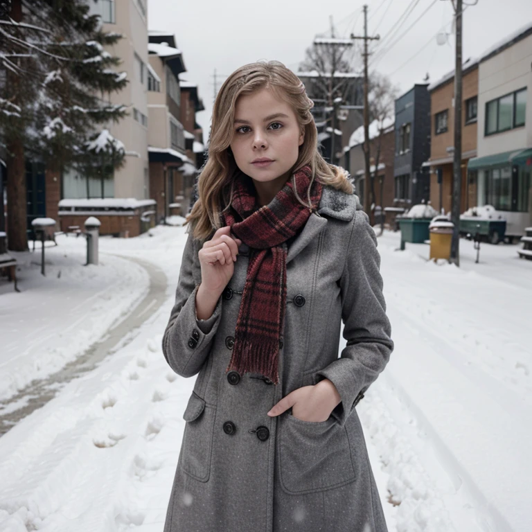 Rose McIver in the snow wearing a coat and scarf