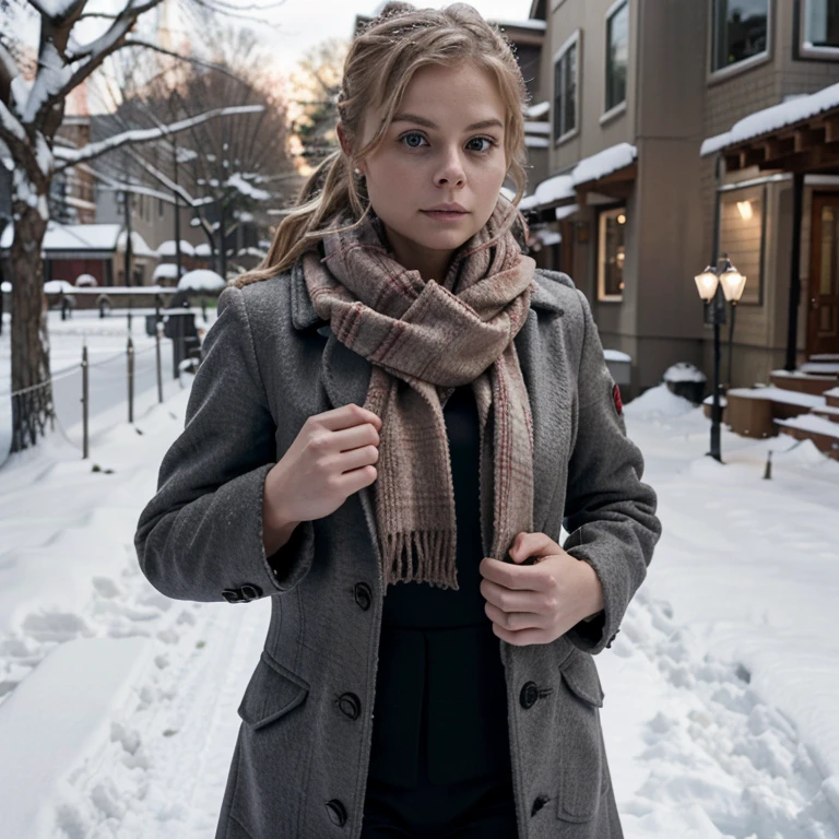 Rose McIver in the snow wearing a coat and scarf
