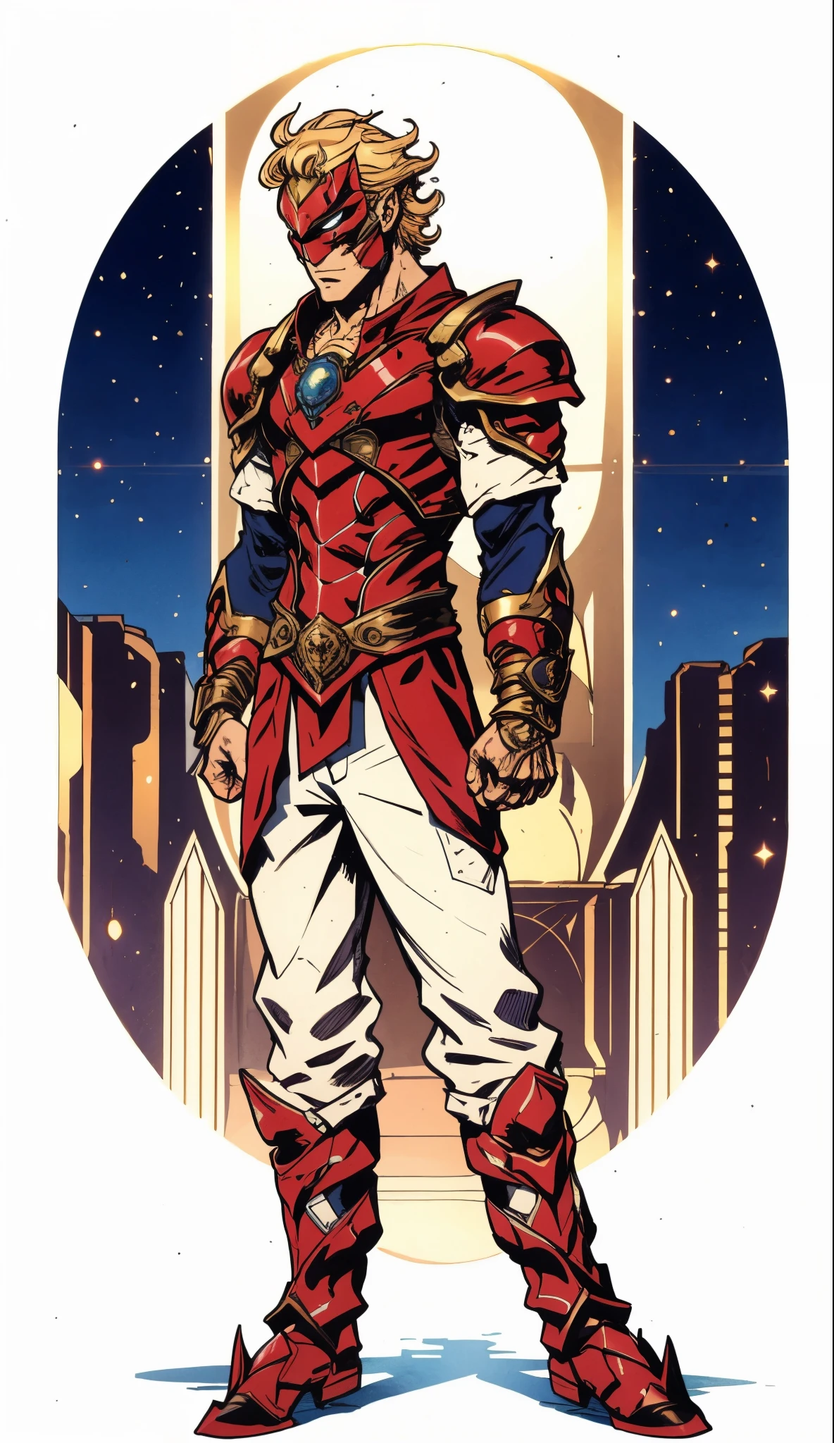 A man with short golden hair slicked back, his face entirely obscured by a Dynastinae concept mask, full mask, cold gaze, clad in an indigo blue fantasy-style Dynastinae concept chest plate, his arms and legs are clad in matching armor, he wears a white undershirt and trousers with golden stripes, standing within a magnificent fantasy-style palace, this character embodies a finely crafted fantasy-style masked light armor warrior in anime style, exquisite and mature manga art style, high definition, best quality, highres, ultra-detailed, ultra-fine painting, extremely delicate, professional, perfect body proportions, golden ratio, anatomically correct, symmetrical face, extremely detailed eyes and face, high quality eyes, creativity, RAW photo, UHD, 32k, Natural light, cinematic lighting, masterpiece-anatomy-perfect, masterpiece:1.5