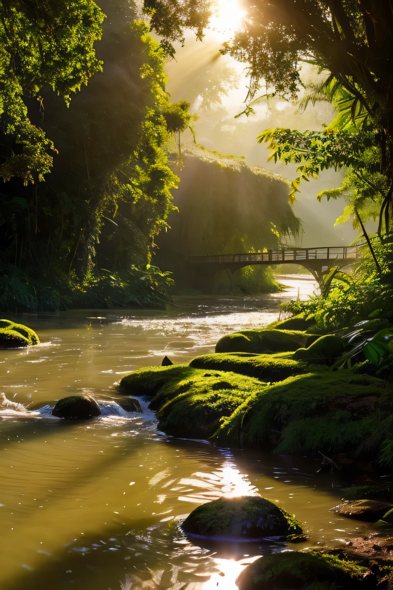 Beautiful hyper-realistic and super-detailed masterpiece that shows a mysterious river in the amazon forest, with the sunset sunshine, 