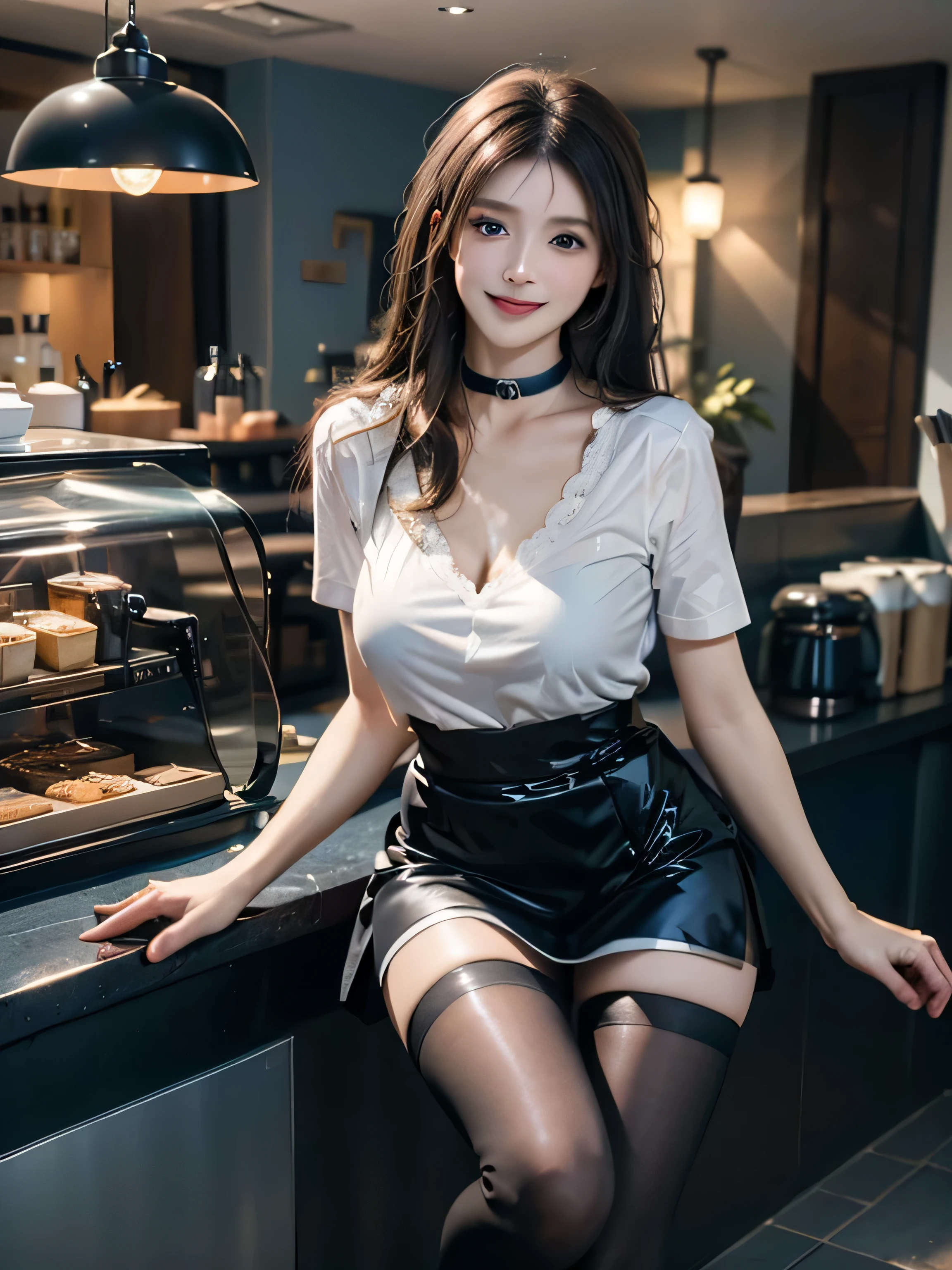 (Super beautiful)、(beauitful face:1.1)、Coffee shop salesperson、Clear pubic contours,spreads her legs、Green apron、(black panties:1.1)、(Coffee Shop Uniforms)、Inside the coffee shop、(At SFW:1.1)