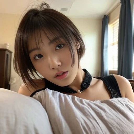 ((japanese woman))、(low quality:1.2)、(28 years old:1.6)、brown hair、((black eyes))、Selfie style:1.7、The location is a bed in a new Western-style room.、Very delicate lighting、(camisole:1.8)、((below average face))、(Low quality:1.5)、realistic vape、(Poor image quality:1.5)、dry skin、The lowest masterpiece、short hair、black hair、shyness、big breasts、random facial expressions