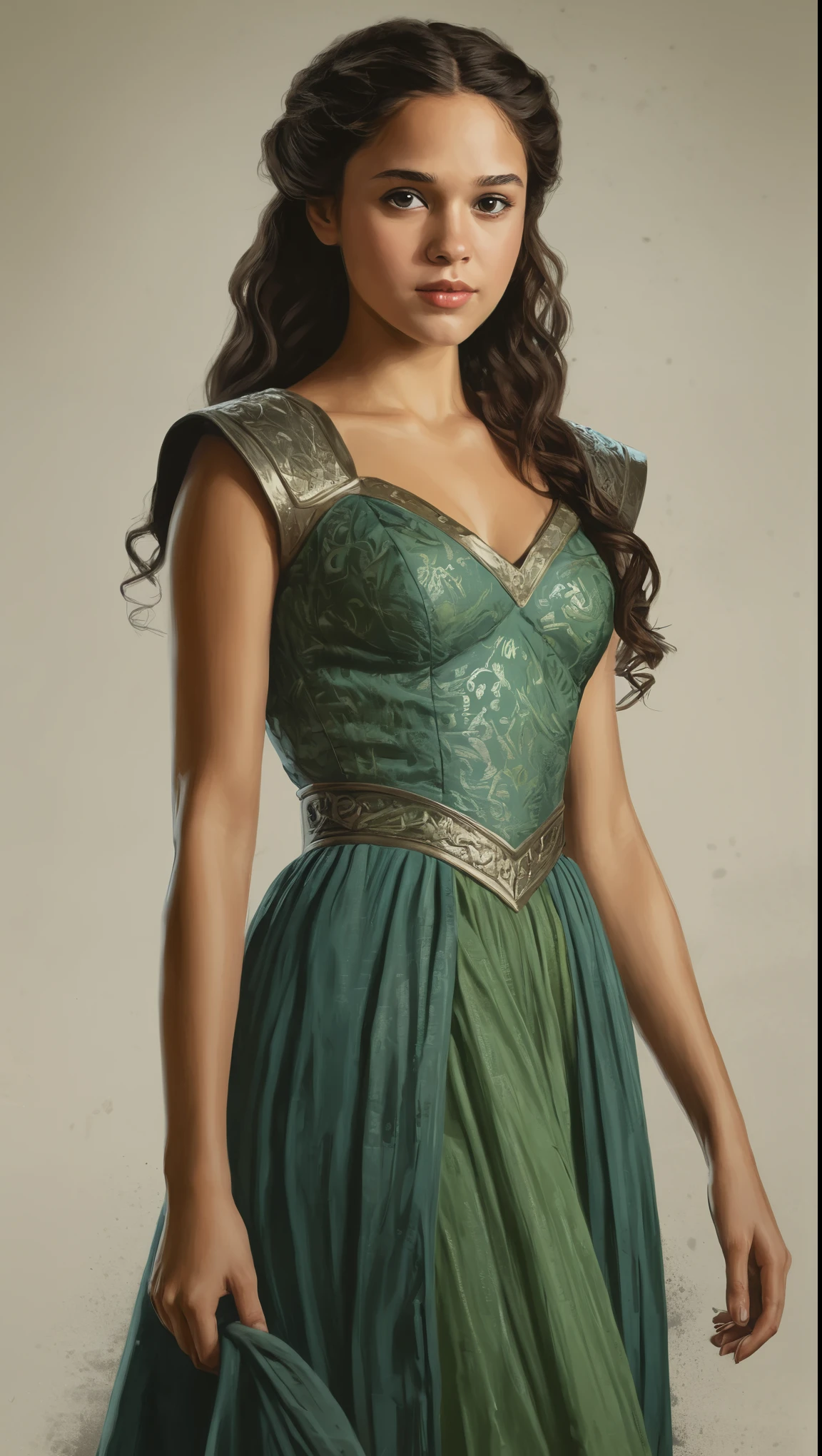 An illustrated movie poster, hand-drawn, full color, a Westerosi age girl, wearing a regal dress, r sun-tanned complexion, peridot eye color, dark hair, long loose curls, waist-length hair, posing on a pedestal, hard shadows, graphite shading, stencil marks, airbrushed acrylic paint, masterpiece, in the style of Game of Thrones 