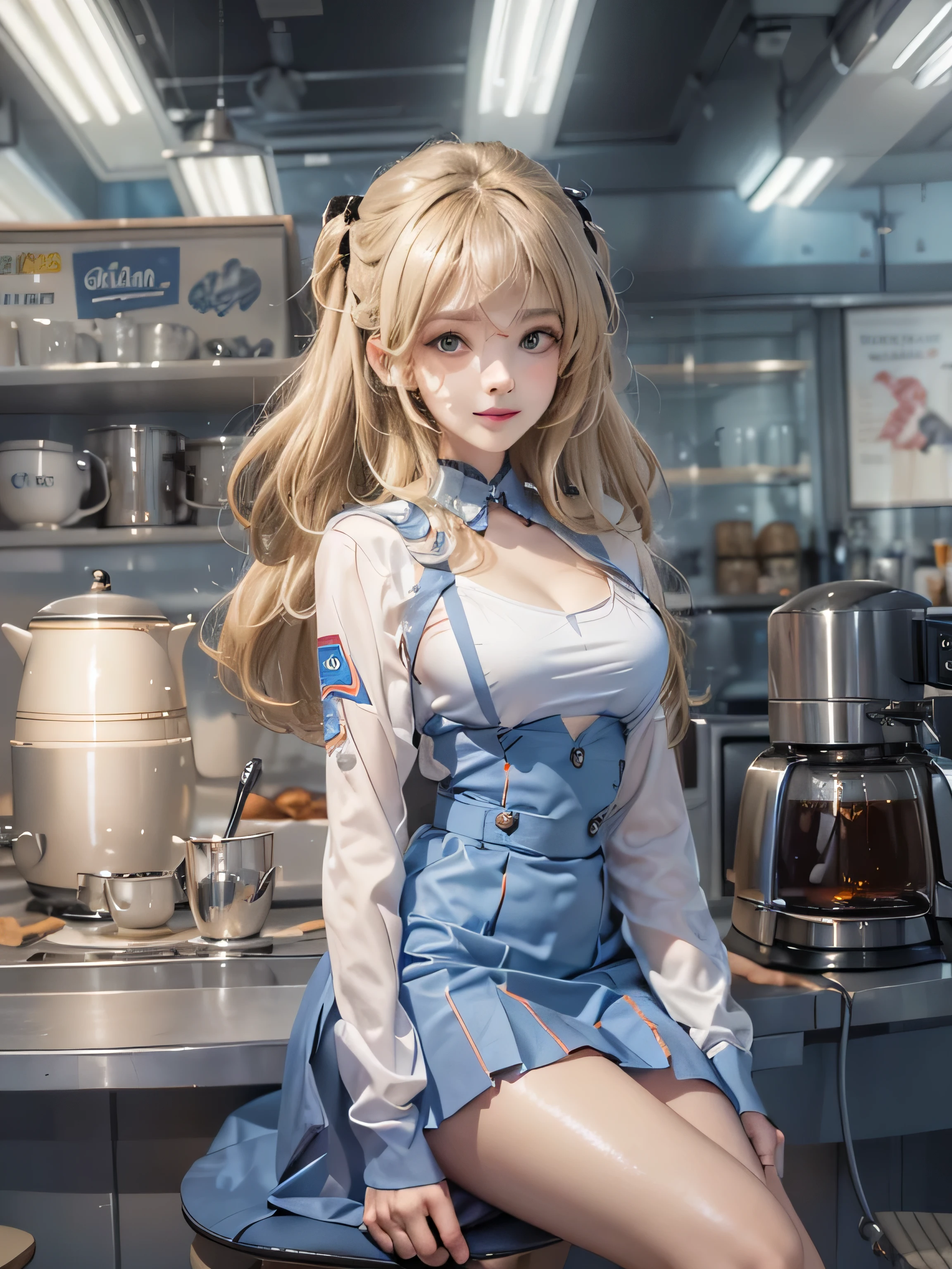 (photorealistic:1.8, highest quality:1.8,8K masterpiece:1.8,High resolution,muste piece:1.8,RAW Photos,cinematic lighting),No split screen、morning、Good Morning、The coffee shop of the future、
(A 23-year-old female clerk brewing coffee:1.5)、(choker、uniform、mini skirt、knee high tights、beautiful breasts、beautiful thighs、plump nipples、beautiful chest)、 (Soryu Asuka Langley)、
(Beautiful shiny blue white black brown blonde hair:1.5)、looking at the camera、smile、shining blue eyes